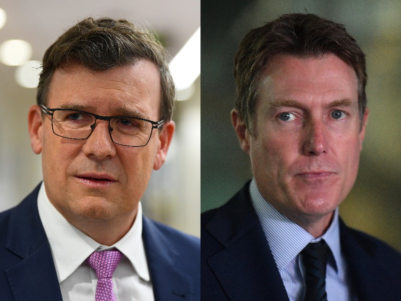 A composite image of two men wearing suits.